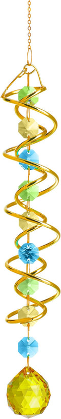 H&D HYALINE & DORA Glass Gazing Ball Spiral Tail Decorative Sun Catcher,17.7in Rainbow Maker Double-Spiral W/Yellow Crystal Ball Prism Sun Catcher for Indoor Outdoor Garden Decoration