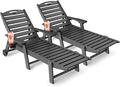 Lounge Chair Outdoor Set of 2, HDPE Chaise Lounge Outdoor with 6-Position & Wheels &Cup Holder, Pool Lounge Chair for Pool Poolside Deck Backyard Patio, Grey