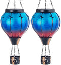 Starsoul 2 PC Blue Hot Air Balloon Solar Lantern Glass Solar Hot Air Balloon Flickering Flame Hanging Garden Light Waterproof Garden Yard Farmhouse Decor