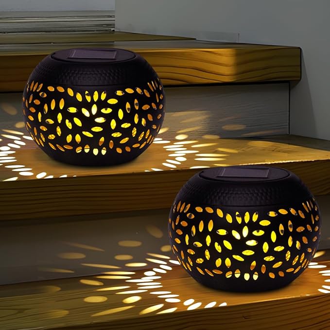 Solar Lantern Outdoor Table Light, 2 Pack Waterproof Decor, Hollow Out Retro Black Metal Patio Lights, Yard Porch Garden Balcony Indoor Desk Bedroom Tabletop Decorations