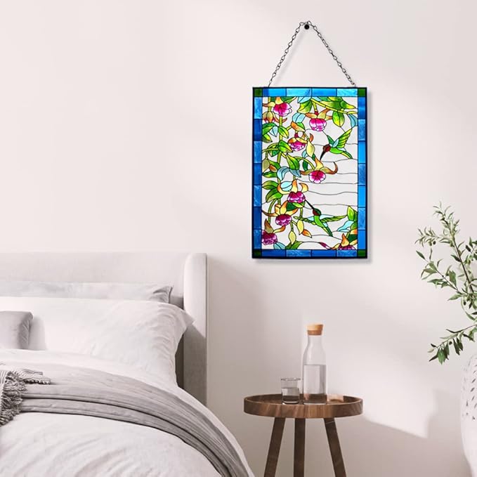 VEWOGARDEN Hummingbird Stained Glass Window Hangings, Bird Suncatcher Panel with Metal Chain for Windows Decor Indoor Outdoor (W10xH15 inch)