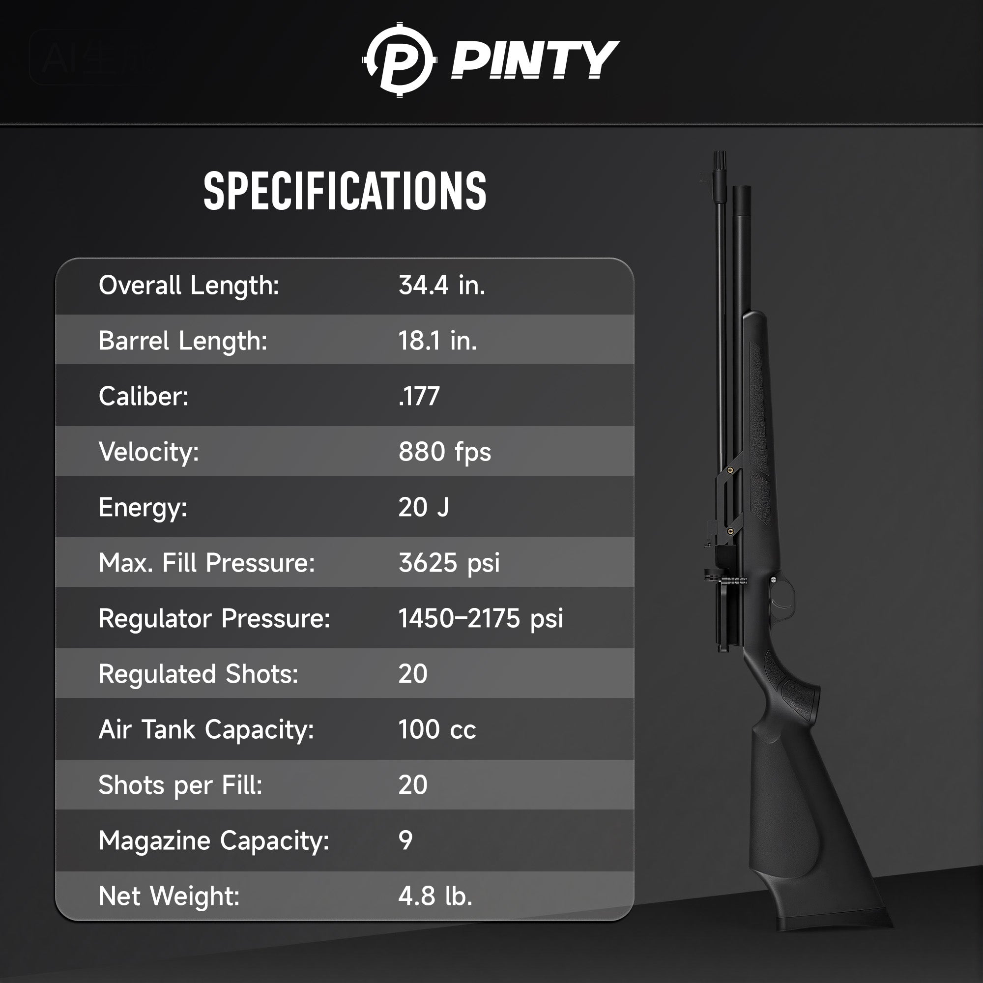 Pinty Vanguard - 9 Pellet .177/.22 Cal PCP Air Gun, 4.5/5.5 mm High Power Air Gun Rifle for 11 mm Dovetail
