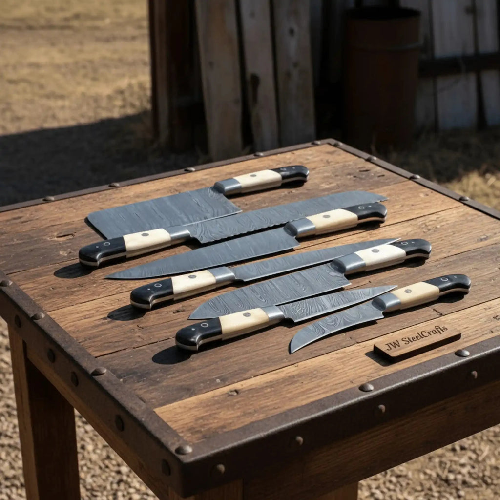 7 Piece Damascus Kitchen Knife Set, Hand Forged Chef Knives with White Bone and Black Resin Handles, Full Tang Professional Cooking Set