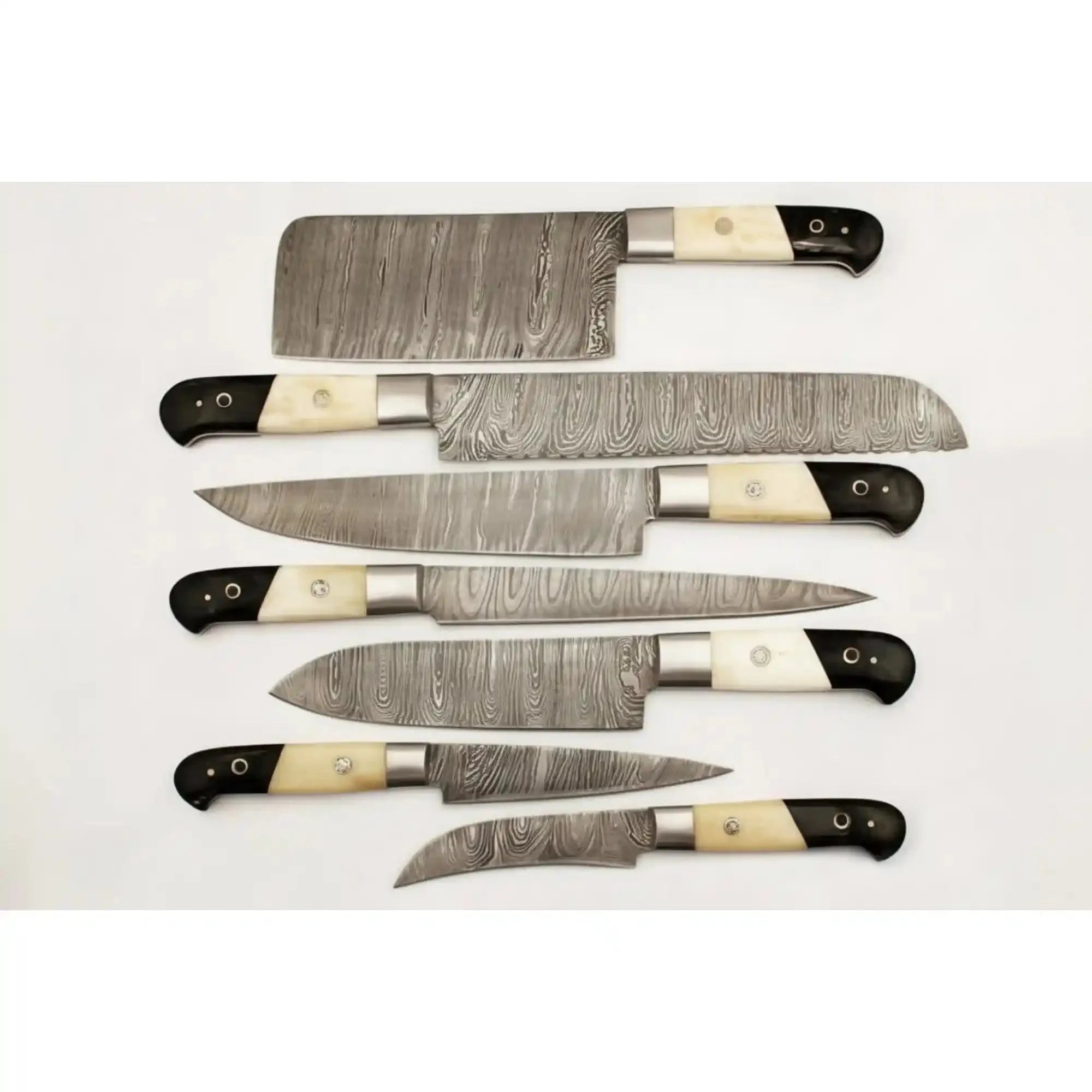 7 Piece Damascus Kitchen Knife Set, Hand Forged Chef Knives with White Bone and Black Resin Handles, Full Tang Professional Cooking Set