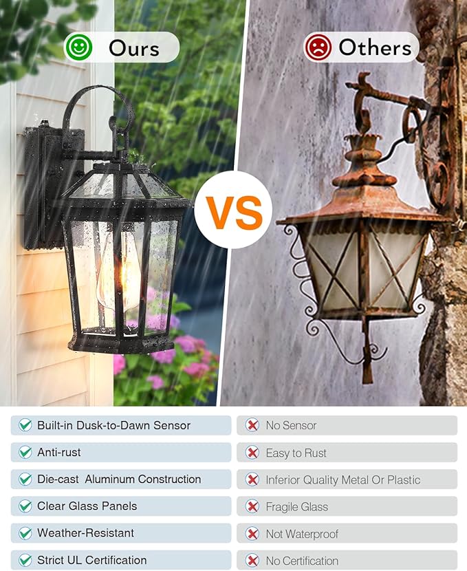 VIANIS Dusk to Dawn Outdoor Wall Lighting, Exterior Light Fixture Wall Mount for House Front Porch Light, Black Anti-Rust Aluminium Modern Outside Coach Lantern with Tempered Glass Shade for Garage