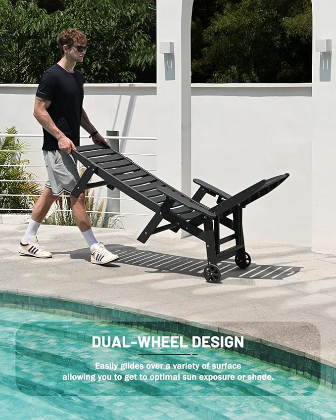 Lounge Chair Outdoor Set of 4 with Wheels, Adjustable 6-Position Chaise Lounge Outdoor, Patio Lounge Chair for Poolside Backyard, Black