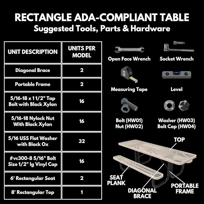 Coated Outdoor Furniture Heavy-Duty Portable ADA-Compliant Outdoor Picnic Table, Expanded Metal Patio Dining Furniture Made in America (8ft Rectangular, Both-Side Handicap, Textured Black)