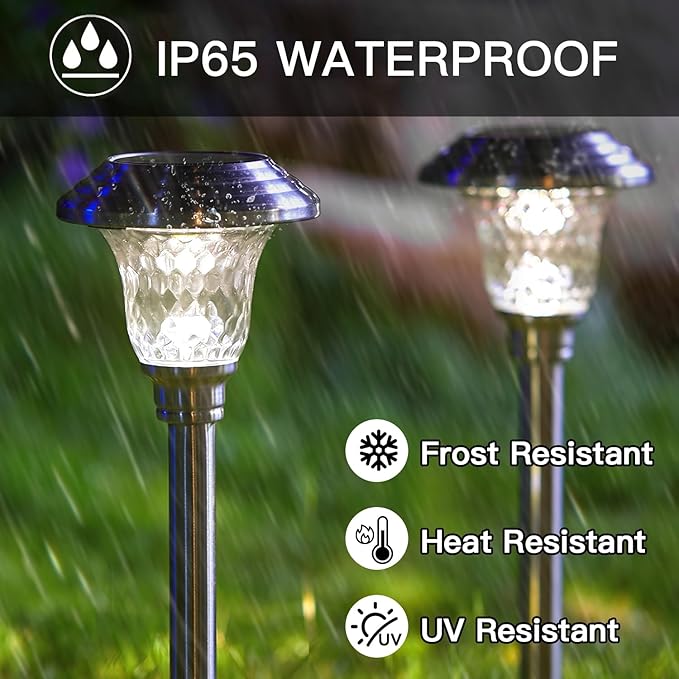 BEAU JARDIN 8 Pack Solar Pathway Lights Outdoor Stainless Steel Lights Solar Powered Waterproof Glass High Lumen Garden Landscape Path Yard Walkway Driveway Outside Color Changing Cool White Silver