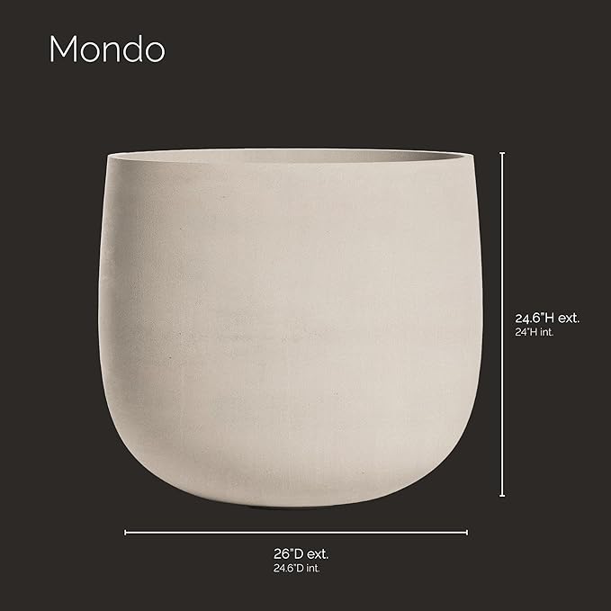 Mondo Large Planter – Sand Stone Finish – Fiberglass Indoor/Outdoor and Weather-Resistant Round Planter (26" D x 24" H Exterior, 24.6" D x 24" H Interior)