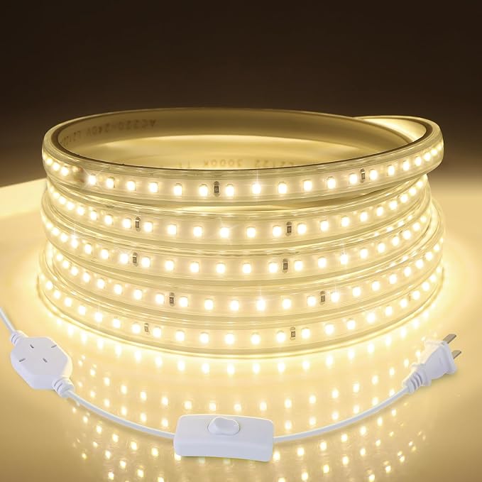 AIMENGTE Plug in LED Strip Lights for House, Led Lighting for Garden Yard Lawn Under Cabinet Patio Wardrobe Backyard, AC 110V, 240LEDs, 3000k LED Rope Lights (6.6ft, Warm White)