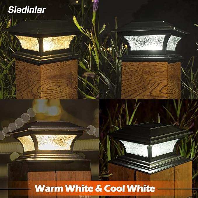 SIEDiNLAR Solar Post Lights Outdoor Glass LED Fence Cap Light 2 Modes for 4x4 5x5 6x6 Posts Deck Patio Garden Decoration Warm White/Cool White Lighting Black (4 Pack)