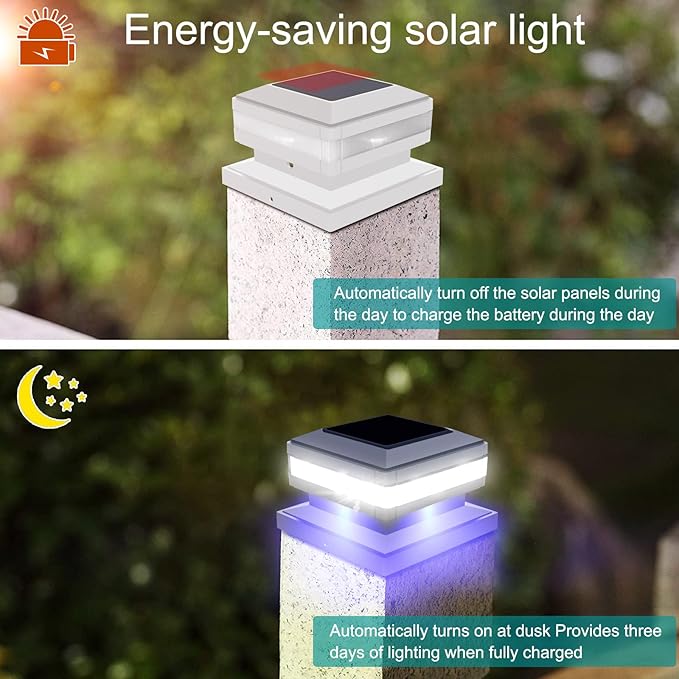 Sumaote Solar Post Cap Light, 52 LED 160LM 6x6 Solar Post Lights, IP65 Waterproof Outdoor for 4x4 5x5 6x6 Wooden Posts, 6000K White SMD Lighting for Deck Fence Garden Porch, White Shell, 4 Pack