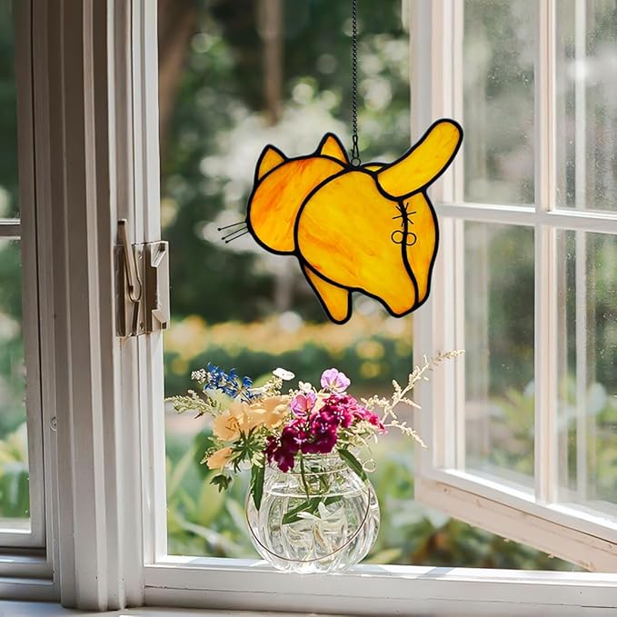Orange Cat Decor Stained Glass Suncatcher for Window,Funny Cat Gifts for Cat Lovers Stained Glass Window Hanging,Cat Themed Gifts Cat Lovers Gifts for Women Girls Friends Mom