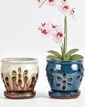 vensovo 4 Inch Ceramic Orchid Pots with Holes and Saucers - 2 Pcs Small Succulent Pot for Repotting, Garden Flowerpots for Plants Indoor and Outdoor Promotes Air Circulation (Blue, Brown Mixed)