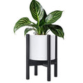 D'vine Dev Planter Pot with Stand - 8 Inch Plastic Cylinder Flower Pot with Wood Planter Holder for Indoor, Matte White Pot + Ebony Stand, 55-C-K-1