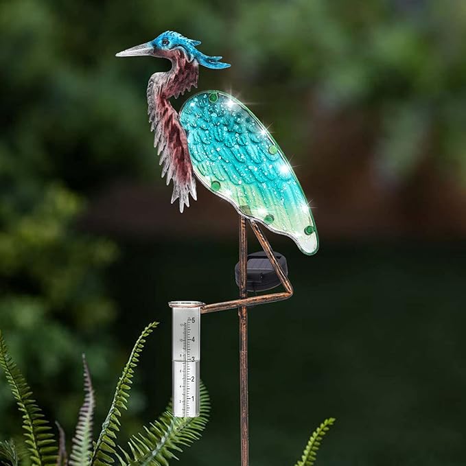 LEWIS&WAYNE 43’’ Solar Heron Rain Gauge Outdoor Decorative Metal Stake LED Lights with Glass Tube Solar Pathway Lights for Garden, Yard, Patio, Lawn Decor