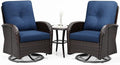 Joyside Outdoor Swivel Rocker Chairs, 3 Piece Wicker Patio Set with Thick Cushion and Side Table, Rattan Patio Swivel Rocking Chairs for Porch, Deck Use (Brown/Blue, 3 PCS)