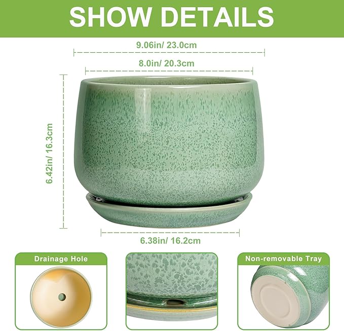 G EPGardening Ceramic Planter - 9 Inch Plant Pot with Drainage Hole and Saucer, Modern Round Planter, Flower Pot for Indoor Outdoor Plants, Garen House Room Decor, Housewarming Gifts, Green