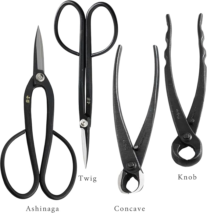 Wazakura Japanese 6PCS Bonsai Scissors and Branch Cutter Tool Kit with Roll Bag: Japanese Yasugi Steel Twig and Satsuki Bonsai Scissors, Concave Branch Cutter, Knob Cutter, Jin Plier, Wire Cutter