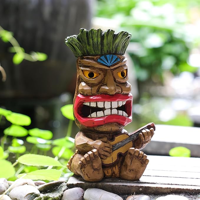 Solar Tiki Statue Outdoor Decor-Garden Guitar Tiki Statues-Tiki Bar Decorations for Outdoor Patio Yard Lawn Balcony Bar Party,Waterproof Garden Sculpture 10.35 Inch Tall