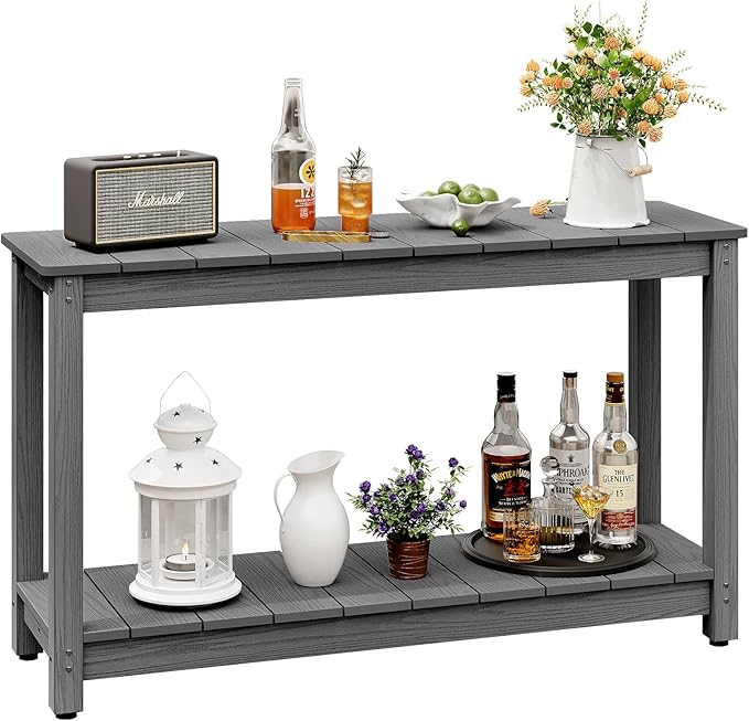 Outdoor Console Table, 48" Weather Resistant HIPS Patio Side Table, 440LBS Weight Capacity, 2-Tier Multifunctional Buffet Bar Storage Organizer for Garden Deck, Gray