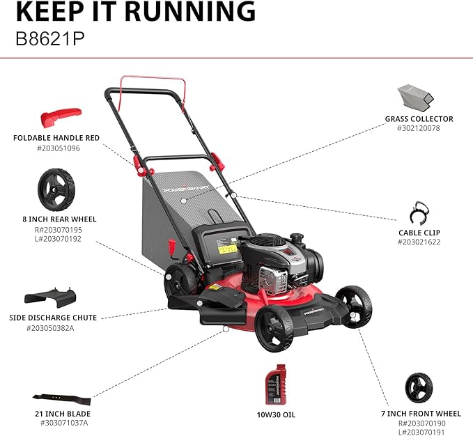 PowerSmart Gas Lawn Mower 21-inch with 140cc Briggs and Stratton E550 Engine, 3-in-1 Push Mower with Mulch, Bagger, Side-Discharge