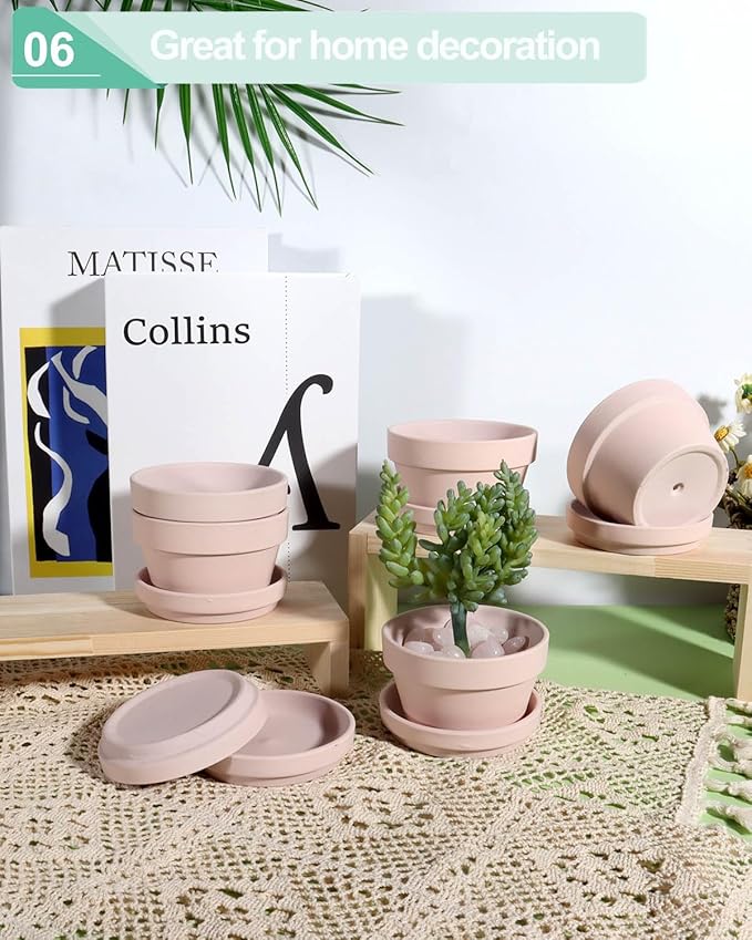 vensovo 5.7 Inch Pink Terracotta Shallow Succulent Pots - 6 Pack Terra Cotta Clay Pot with Saucer, Cacuts Indoor and Outdoor Planters with Drainage Hole