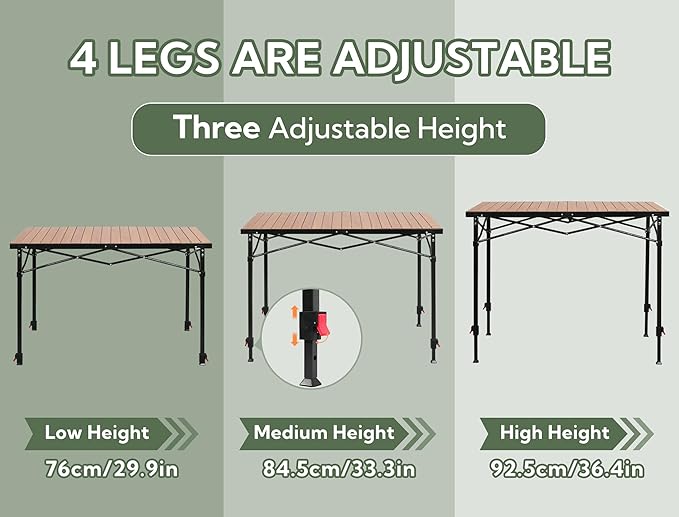 Portable Outdoor Adjustable Height Camping Table, Large for 2-6 Person, Foldable Roll-up Aluminum Camp Table with Carry Bag for Picnic, Camp, Sturdy, Stable, Loads 220 Lbs