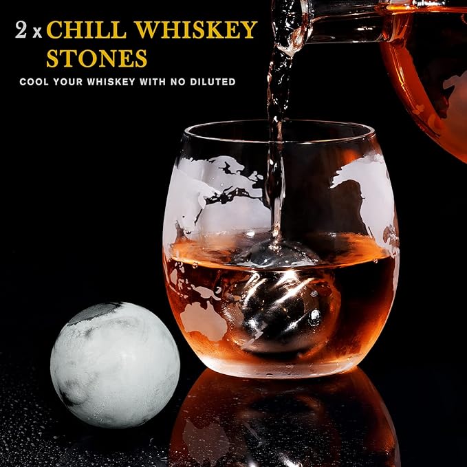 Gifts for Men Dad Fathers Day, PONPUR Whiskey Decanter Globe Set with 2 Ball Stones & 2 Glasses, Anniversary Birthday Gifts for Him Husband Boyfriend Brother, Cool Stuff Gift for Bourbon Scotch