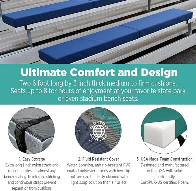 North American Mattress 6' Outdoor Picnic Bench Seat Cushion - 2 Piece Set; 72" (6ft) x 10" x 3"; Gray - Folding & Easy to Carry