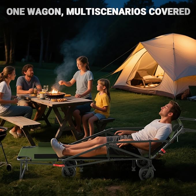 LEVELEVE Heavy Duty Folding Wagon - 2-in-1 Collapsible Cart, 650lb Capacity, All-Terrain Wheels w/Brakes & Side Pockets (Army Green)