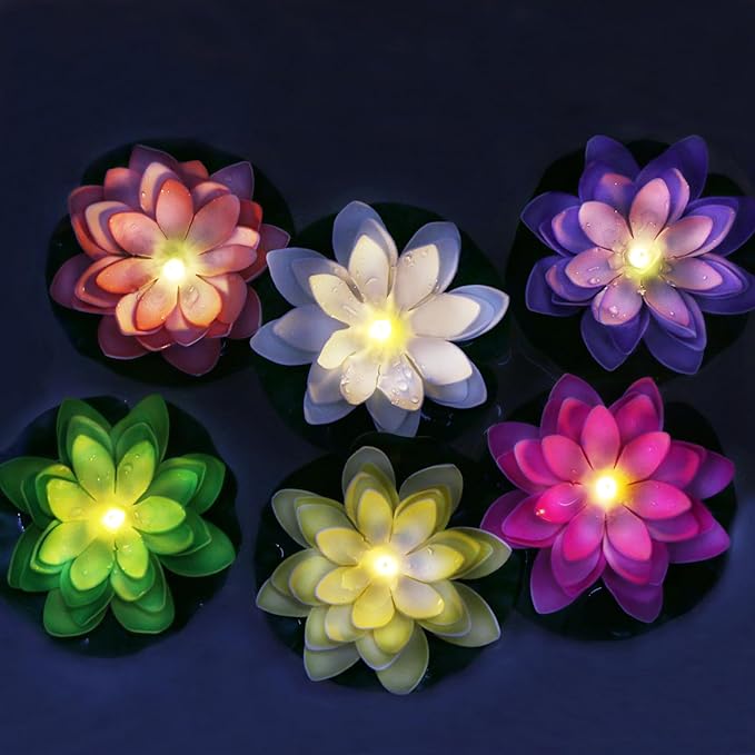 12 PCS Waterproof Floating Lotus Light - Diwali 5 Inch Floating Flower Light Battery Operated Water Activated Warm White Light Pool Flower Lamp Wedding,Anniversary,Garden Decoration(Mix-Color)