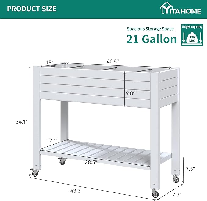 YITAHOME 3.6x1.5x2.8 FT Elevated Garden Bed Kit with Legs and Wheels, Outdoor Large Resin Planter Box Stand with Drain Plug and Storage Shelf for Plants Vegetables Fruits, Grayish-White
