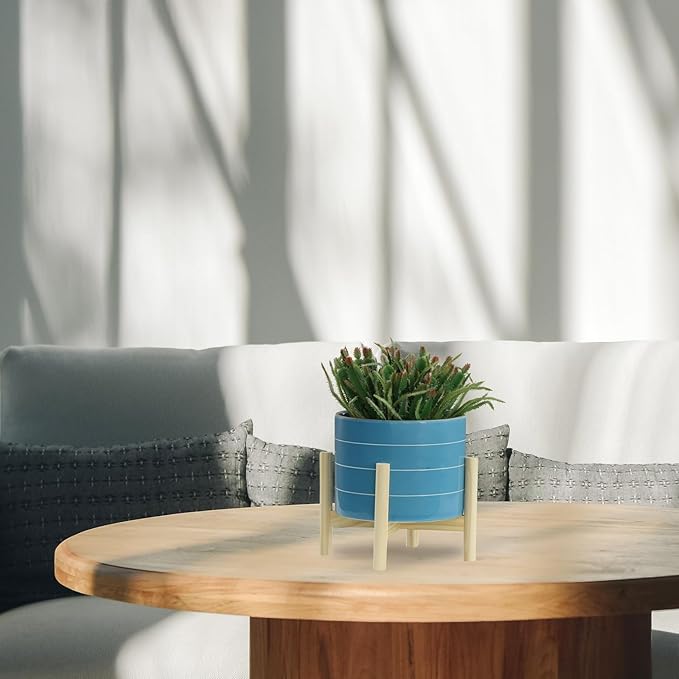 8" Ceramic Planter on Wooden Bamboo Stand - Contemporary Blue While Striped Design For Indoor or Outdoor Plants, Succulents, Cactus