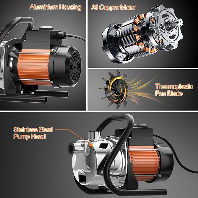 1.6 HP Portable Water Transfer Pump 1800 GPH Shallow Well Pump Garden Booster Sprinkler Pumps for Irrigation Lawn Farm Water Removal with Adapters, Orange