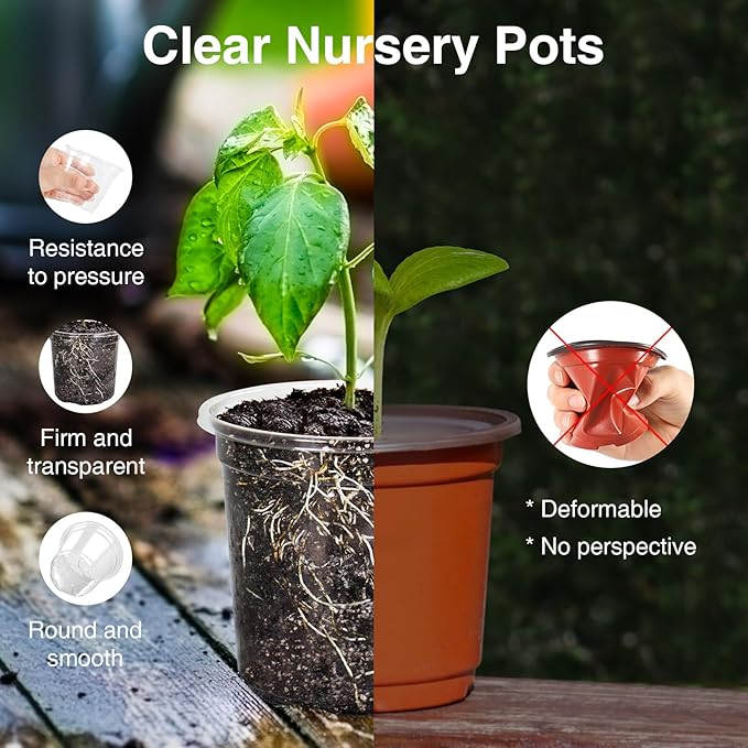 Bonviee 1 Gallon Clear Nursery Pots, 6.7 Inch Plastic Seedling Pots with Drainage Holes, Planters for Indoor Plants and Small Seed Starters, High Transparency Flower Pots with 10 Plant Labels, 20 Pack