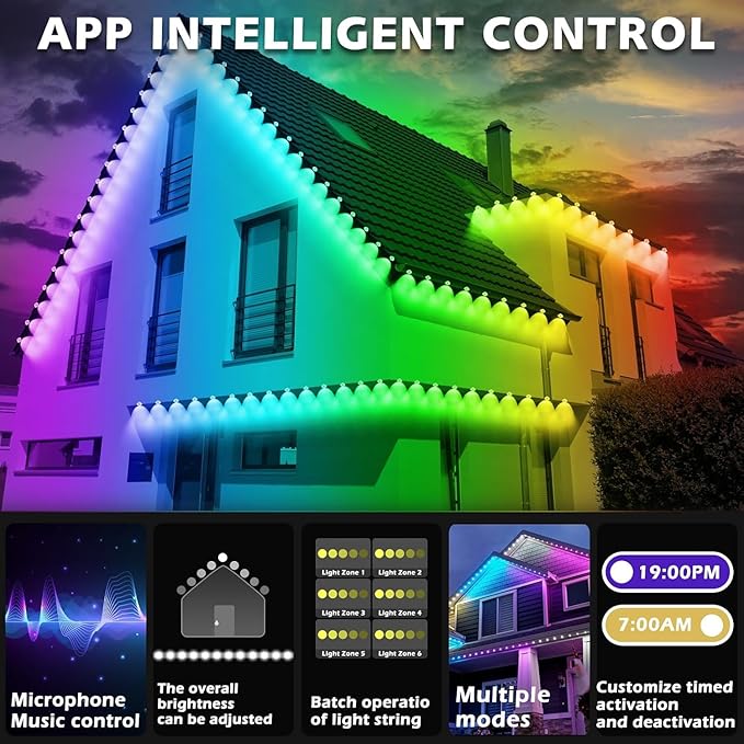 300FT Permanent Outdoor RGB Lights,IP67 Waterproof Smart LED Eaves Lights with App/Remote Control,for Christmas and All Holiday Decor,Daily and Accent Lighting,House Roof and Garden Lighting
