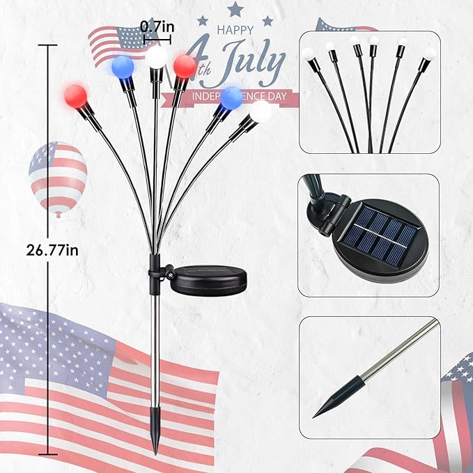 OZS 6pack Solar American Flag Lights - 4th of July Solar Garden LED Outdoor Waterproof Firefly Light for Memory Day, Independence Day, National Day Decoration (Red White Blue)