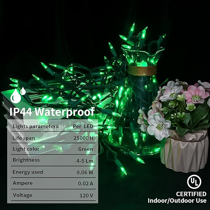 Green LED Christmas Lights - 100 Count Green Christmas String Lights for Tree, Party, Holiday, Indoor and Outdoor St. Patrick's Day Decorations, 33 Feet Green Wire, UL Certified, Connectable