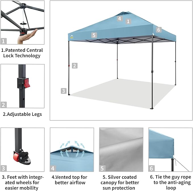 CROWN SHADES 10x10 Pop Up Canopy Tent - Patented Center Lock One Push Instant Outdoor Canopy Beach Tent with STO-N-Go Bag 8 Stakes & 4 Sand Bags，Cyan Blue