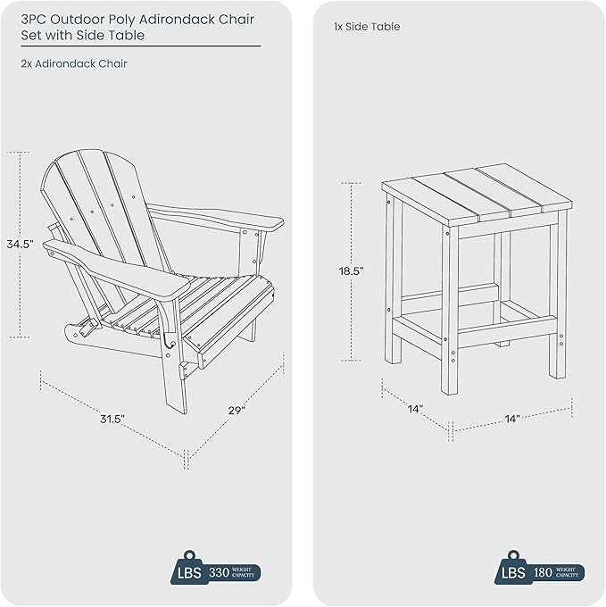 WO Home Furniture Adirondack Chairs Table Set of 3 PCS Outdoor Folding Chairs Side End Table Weather/UV Resistant for Lawn, Garden, Bon Fire, Balcony (Lime)