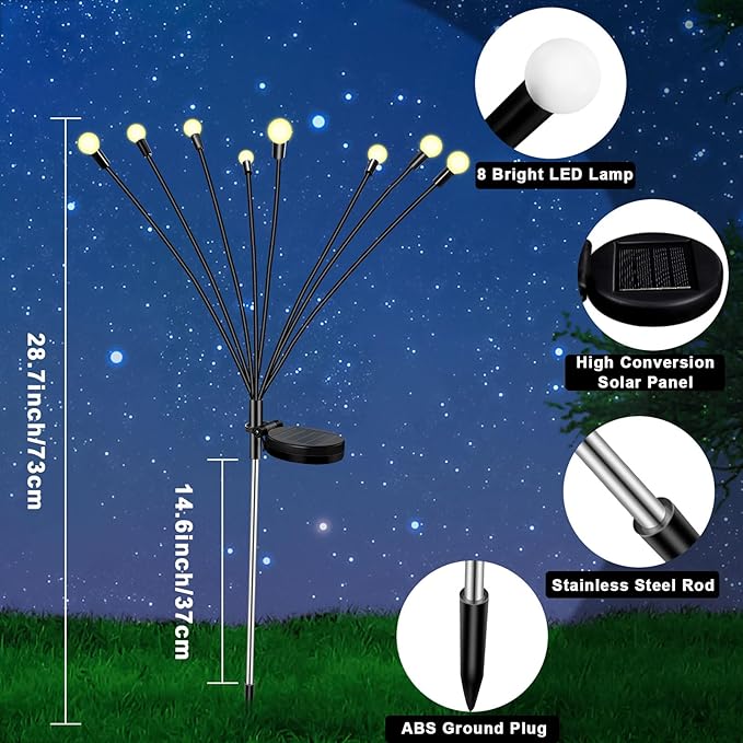 8Pack 64 LED Spring Solar Swaying Lights Outdoor Solar Powered Firefly Lights Garden Decor Waterproof Pathway Light Sway by Wind Landscape Lights Warm Yellow for Pathway Lawn Patio Courtyard Decor