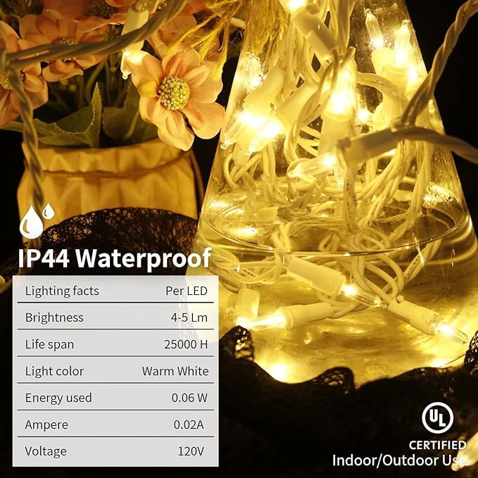 White LED Christmas Lights - 2 Pack 100 Count Warm White Christmas String Lights for Tree, Party, Wedding, Holiday, Indoor and Outdoor Decor, 2 Sets 33 Feet White Wire, UL Certified, Connectable