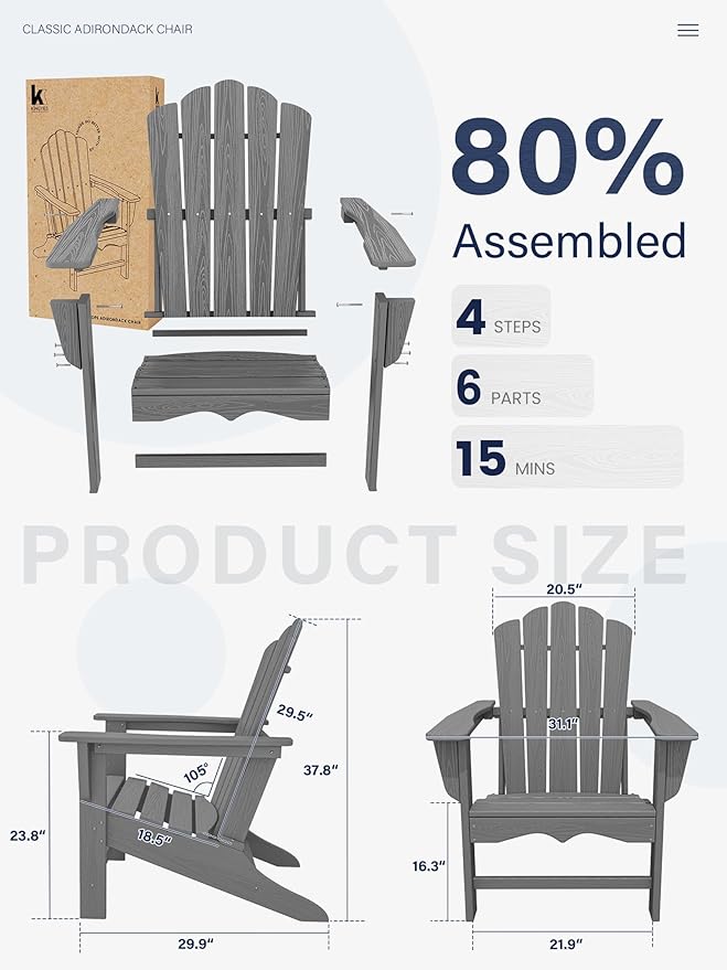 KINGYES HDPE Adirondack Chair Set of 4, Classic Oversize Adirondack Chair, Grey