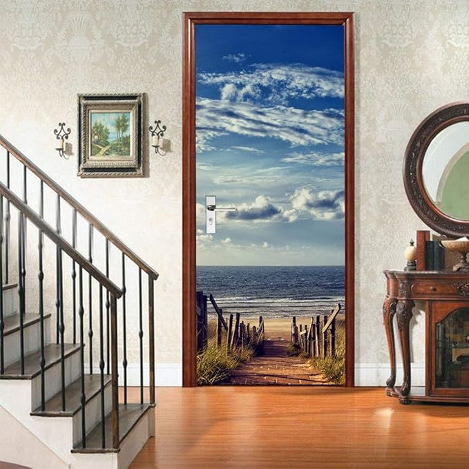 3D Peel and Stick Murals - Beach Road - Wallpaper Self-Adhesive Decals Removable PVC Waterproof Door Poster for Bedroom Living Room Decoration 37.4 x 82.7 inch