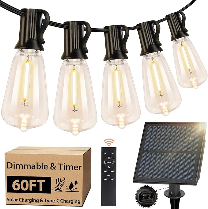 Bosceos Solar Outdoor String Lights Waterproof, 60FT Solar Powered String Lights for Outside with Shatterproof Bulbs, Dimmable ST38 LED Lights String, Patio Hanging Lights for Backyard Garden Party