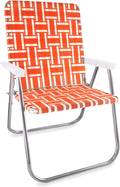 Lawn Chair USA Folding Aluminum Outdoor Patio Lawn Chair | Heavy-Duty Webbed Chairs for Camping, Sports, Beach, Yard & Tailgating | Lightweight Portable | Magnum - Orange and White with White Arms
