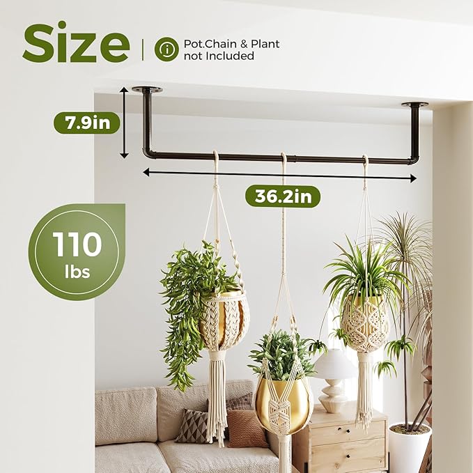 Bamworld Hanging Planters for Indoor Plants Plant Hanger Indoor Hanging Plant Rod 36.2in Window Plant Shelves Metal Rod Pot Not Included