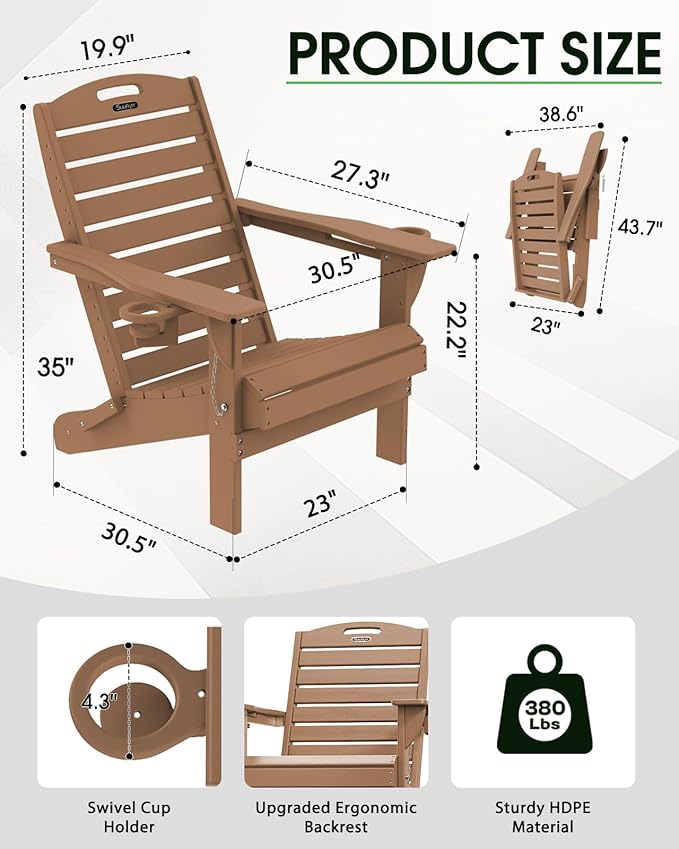 Adirondack Chairs Set of 6, Outdoor Fire Pit Chairs, HDPE All-Weather Adirondack Chairs with Cup Holder, Lawn Chair for Deck, Patio, Garden (Teak)