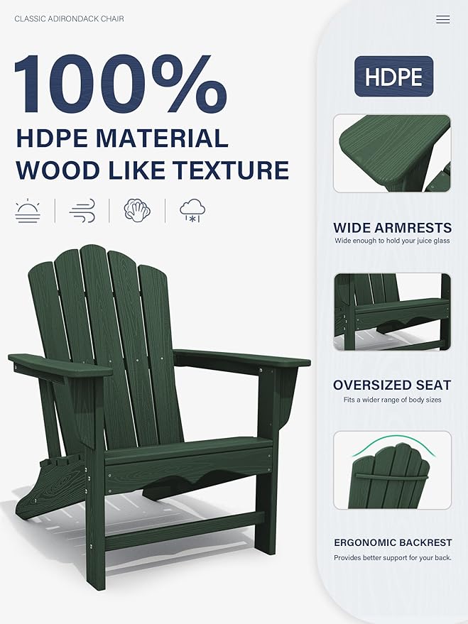 KINGYES HDPE Adirondack Chair Set of 2, Classic All-Weather Adirondack Chair, Green